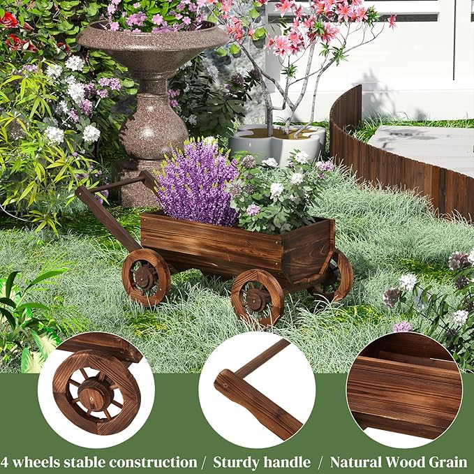 Wooden Wagon Garden Planter Cart with Wheels Rustic Flower Pot – Indoor Outdoor Patio Backyard Balcony Decor for Succulents, Flowers and Plants（Carbonized-L