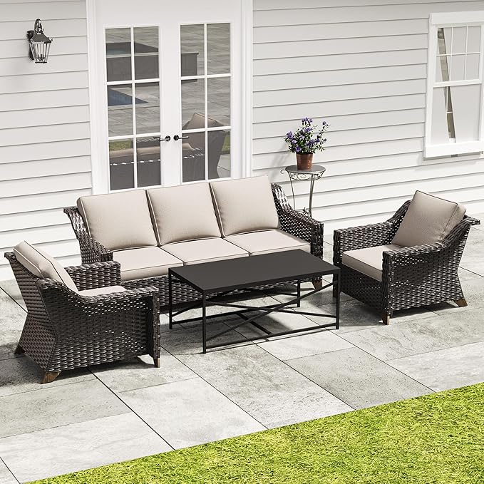 4 Pieces Outdoor Conversation Furniture Set - 77" Patio Sofa, 2 Wicker Armchairs, 1 Metal Coffee Table, Patio Wicker Furniture Set with Water-Resistant Cushions for Sunroom (Beige)