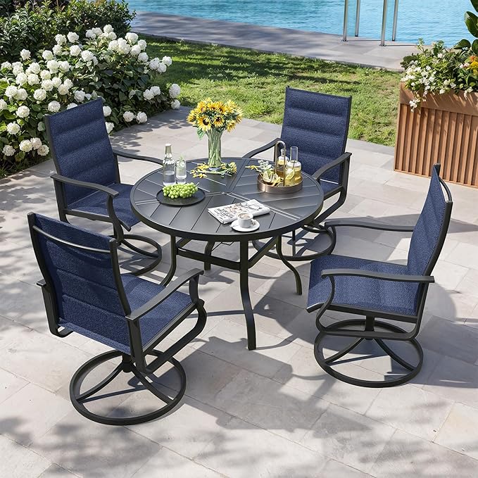 Patio Swivel Chairs Set of 4, Outdoor Dining Chairs with High Back, 360° Swivel Rocker Chair in All-Weather Padded Textilene & Metal Frame for Garden, Porch, Backyard, Balcony(Padded Navy)