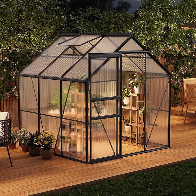 CABIHOME 6 x 6 FT Greenhouses for Outside, Polycarbonate Greenhouse with Aluminum Frame, Sliding Door, Adjustable Roof Vent, Backyard Green Houses, Patio Garden, Black