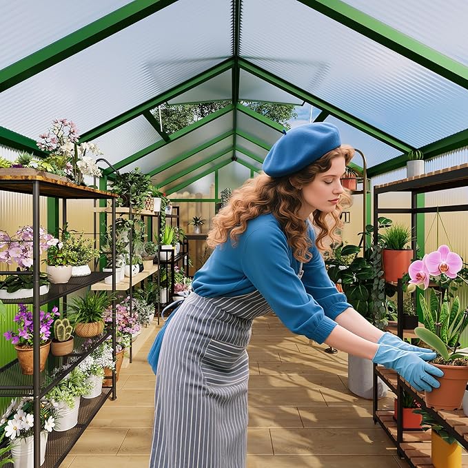 8x12 FT Greenhouse, Greenhouses for Outside, Polycarbonate Greenhouse with Aluminum Frame, Lockable Door and Ajustable Roof Vent for Backyard, Green Houses for Outside Garden Backyard, Patio