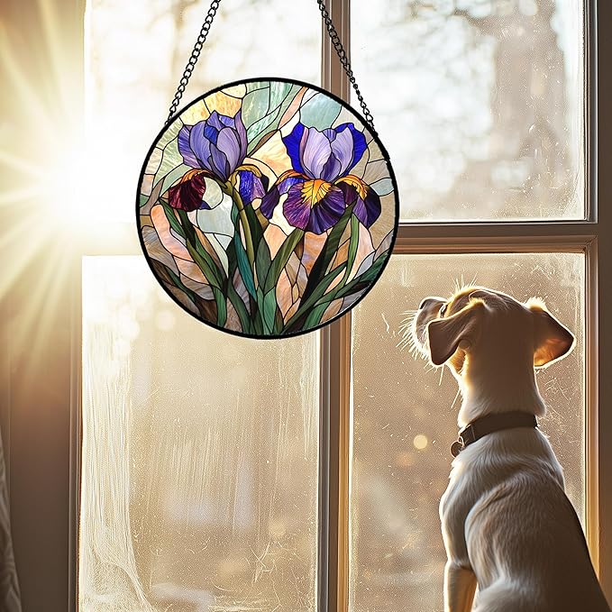 HWRHTR Stained Glass Window Hanging, Purple Blue Iris Birth Flower Suncatcher for Doors Garden Yard Sun Catchers Decor Christmas Mother's Day Birthday Gifts for Teacher Women Mom Nana Wife 7.8 in