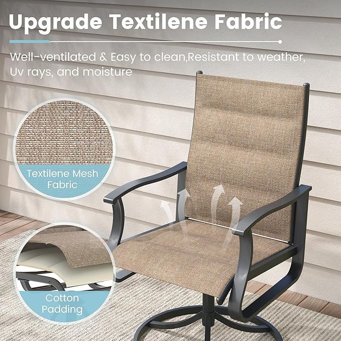 Patio Swivel Chairs Set of 4, Outdoor Dining Chairs with High Back, 360° Swivel Rocker Chair in All-Weather Padded Textilene & Metal Frame for Garden, Porch, Backyard, Balcony(Padded Brown)