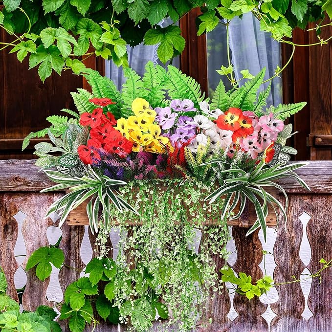 24 Pcs Outdoor Artificial Plants UV Resistant Faux Plant Fake Greenery Stems Faux Shrubs Flower for Outside Hanging Front Porch Patio Garden Window Box Home Wedding Summer Spring Decor(Mix Color)