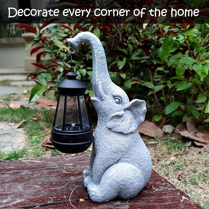Qobumy Elephant Solar Garden Statues,Resin Elephant Figurine Decorations with Solar Lights Lantern, Outdoor Figurines Lawn Garden Statue Decor Art for Lawn,Yard, Balcony Ornament.