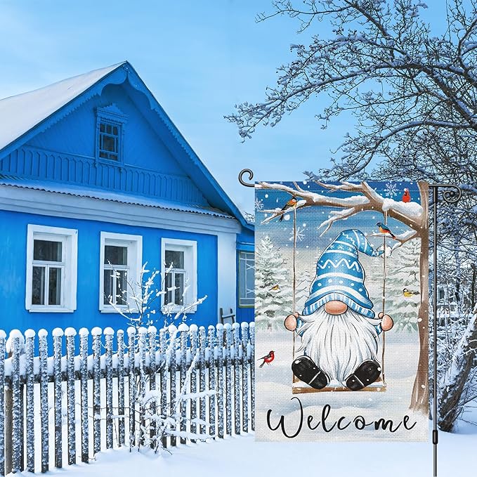 Louise Maelys Winter Garden Flag Gnome Welcome Bird Cardinal Tree 12x18 Inch Double Sided Snowy Swing Christmas Xmas Holiday Seasonal Small Burlap Yard Sign Outdoor House Decor
