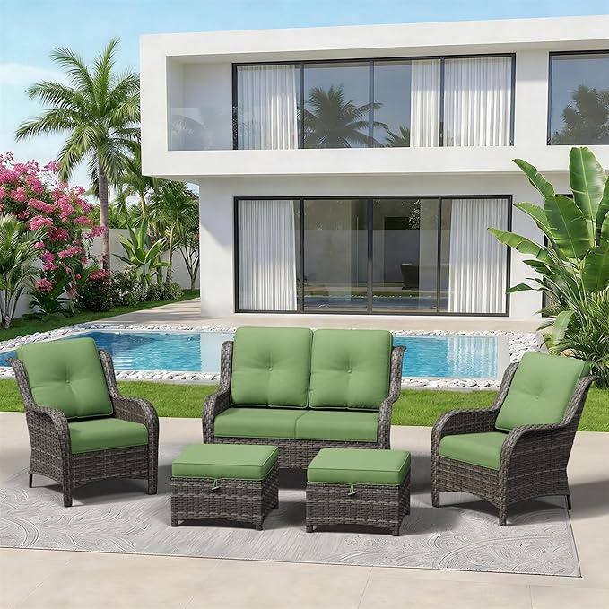 5 Piece Outdoor Wicker Patio Furniture Set, Patio Chairs Set with Thickened Olefin Cushions, High Back and Deep Seating, Hand-Woven PE Rattan, Ottoman for Porch, Deck