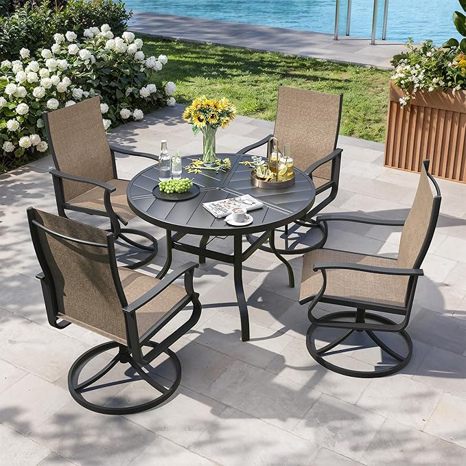 Patio Swivel Chairs Set of 4, Outdoor Dining Chairs with High Back, 360° Swivel Rocker Chair in All-Weather Textilene & Metal Frame for Garden, Porch, Backyard, Balcony(Brown)