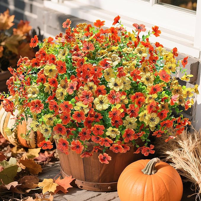 florisso Artificial Fall Flowers Fake Mums for Outdoor Autumn Decoration, 12 Bundles Faux Silk Orange Yellow Mums Daisy Look Real UV Resistant for Outside Home Porch Patio Planter