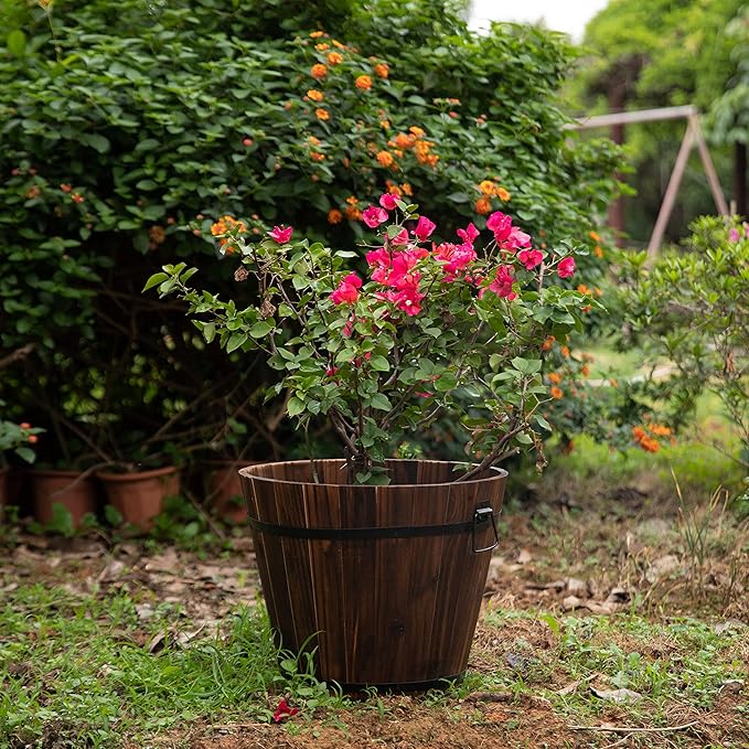 Rustic Wooden Whiskey Barrel Planter with Durable Medal Handles and Drainage Hole - Perfect for Indoor and Outdoor Plants, Herbs, and Vegetables - Large