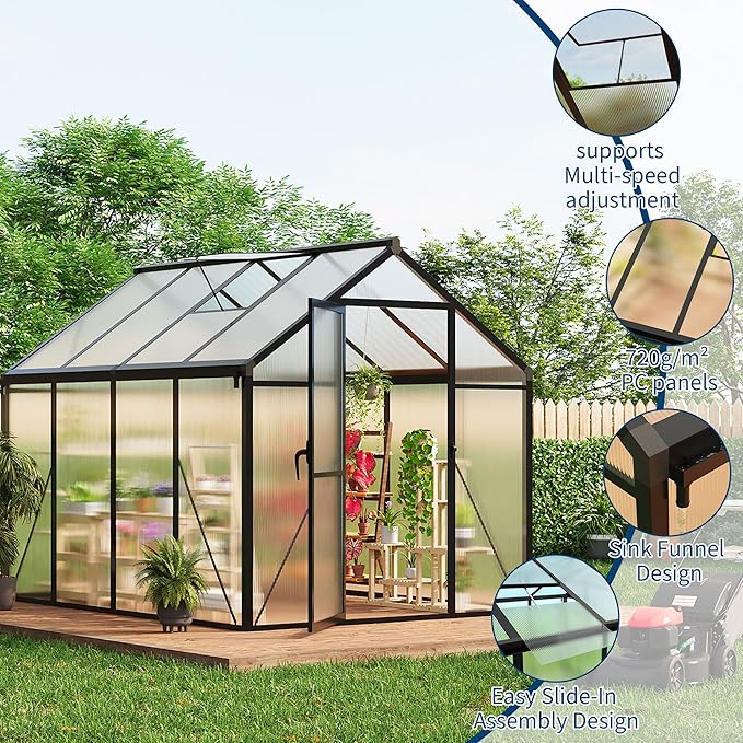 6X8 FT Outdoor Polycarbonate Greenhouse, Sturdy Aluminum Frame, Adjustable Roof Vent, Ideal for Backyard, Patio, or Garden, All-Weather Green House for Growing Plants and Vegetables