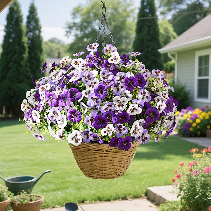 Waipfaru 20 Bundles Artificial Pansy Flowers for Outdoor, UV Resistant Faux Silk Flowers for Outdoor Planters Front Door Porch Yard Patio Window Box Home Decor (White, Purple, Light Purple)