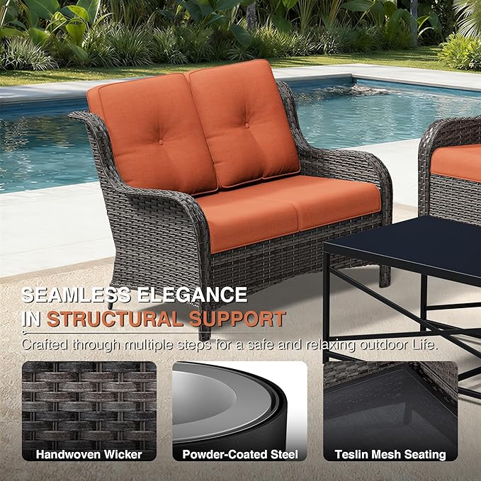 Joyside 6 Piece Wicker Patio Furniture Set, Outdoor Swivel Rocker Patio Chairs with High Back, Deep Seating, Wide Armrest, Thickened Cushions, Outdoor Furniture for Deck, Porch Use