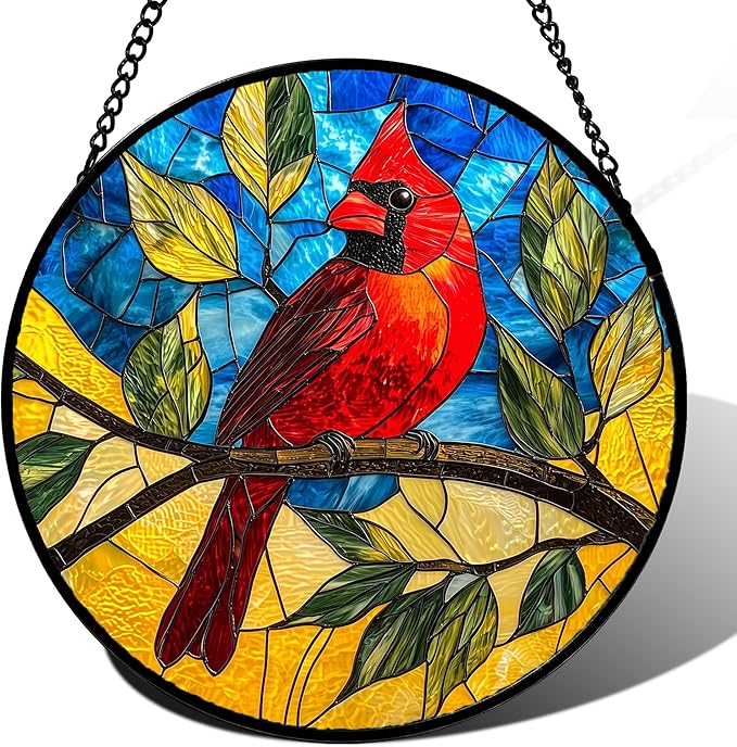 DASTOLL Stained Glass Window Hanging, Blue Sky Cardinal Sun Catchers Colorful Glass Panel Red Birds Suncatcher Decor for Birthday for Women, Men, Wife, Aunt, and Mom 14.9x14.9 in