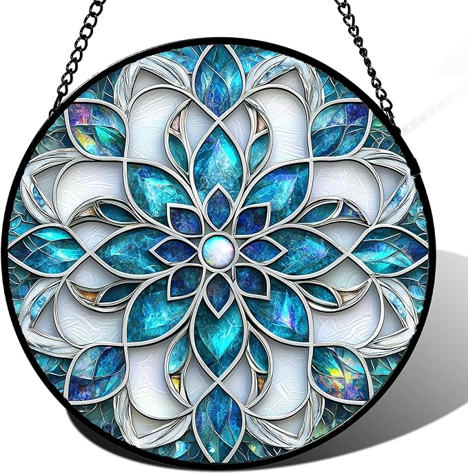 JOSUMALY Stained Glass Window Hanging - Blue White Abstract Flowers Suncatcher for Door Terrace Garden Home Decor Boho Sun Catcher Birthday Gifts for Lovers Women Men Dad Mom Nana 9.8 in