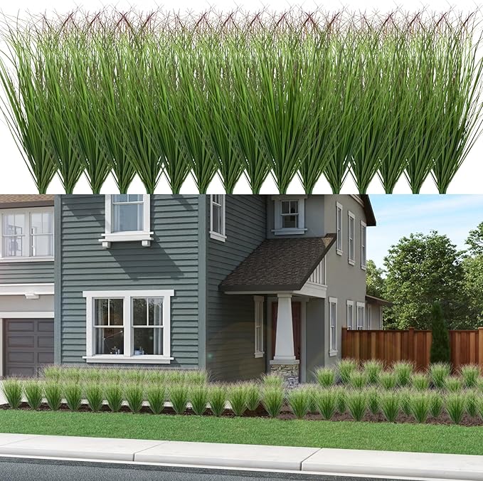LUZOGA 48Pcs Artificial Grass Plants Faux Shrubs Wheat Grass Fake Tall Grass Plants for Outdoor Decor Greenery Stems Weed for Room Indoor Home Decor（Green Red Tail