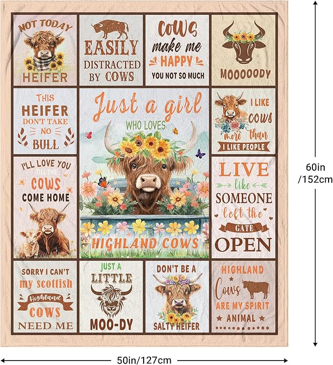LNKRFRPA Highland Cows Blanket, Highland Cow Gifts, Highland Cow Decor, Cow Print Blanket, Cow Gifts for Women, Cow Print Throw Blanket 60"x50"