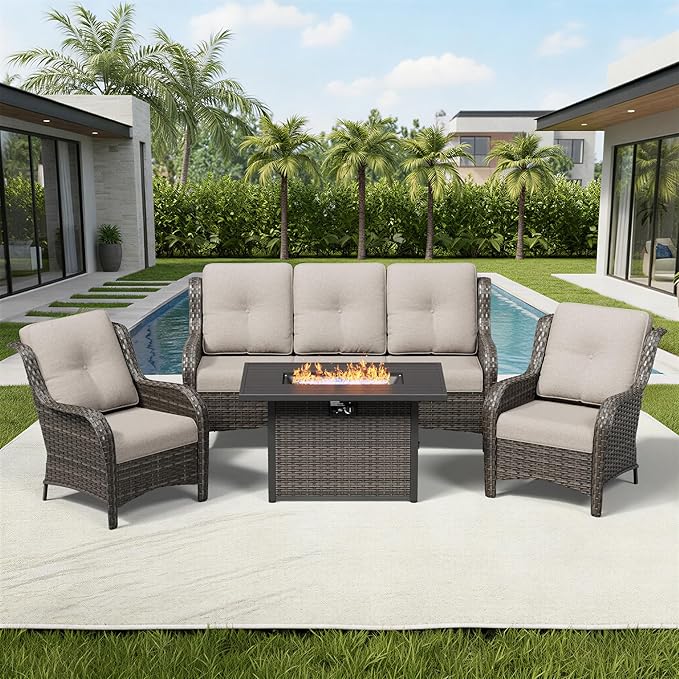 Joyside 4 Piece Wicker Patio Furniture Set with Fire Pit Table, Rattan Patio Chairs with High Back, Deep Seating, Wide Armrest, Thickened Cushions, Outdoor Furniture for Deck, Porch Use