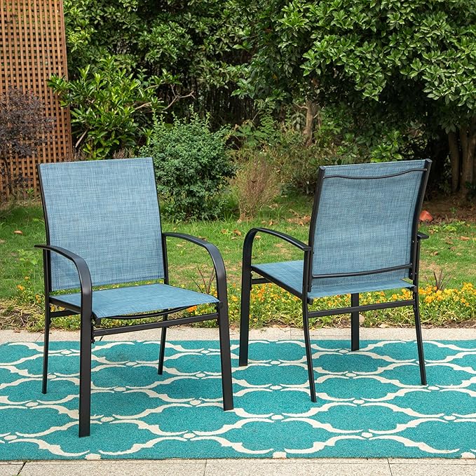 Patio Dining Chairs Set of 6, Blue Outdoor Textilene Dining Chairs, Patio Furniture Chairs with Armrest