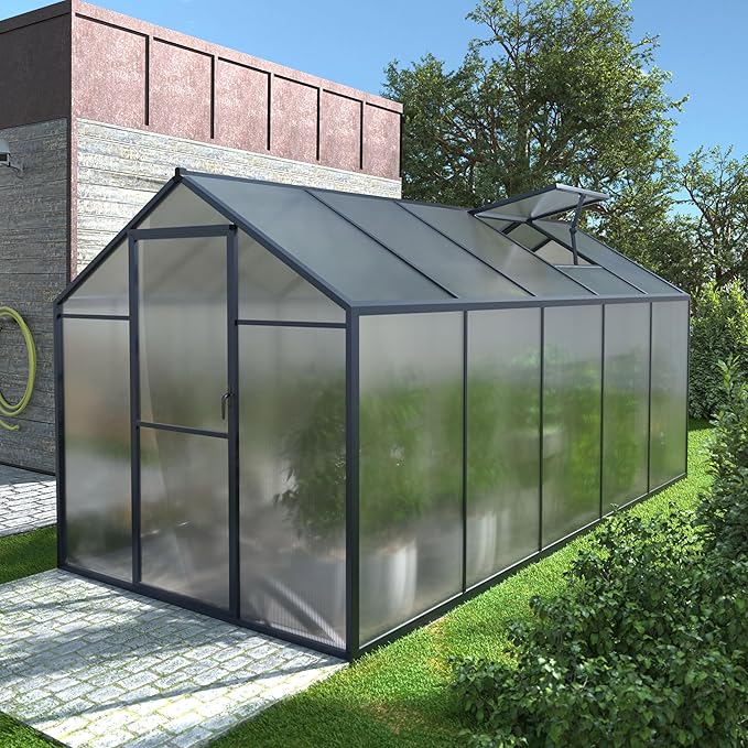 6' x10' Polycarbonate Aluminum Greenhouse Kit for Outdoor, Walk-in Greenhouse with Lockable Door and Adjustable Roof Vent, Backyard Garden in Winter, Gray