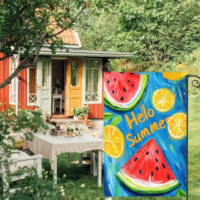 Hello Summer Garden Flag Double Sided 12 x 18 Fruity Watermelon Lemon Juice Small Decorative Farmhouse Yard Seasonal Decor Outdoor Outside