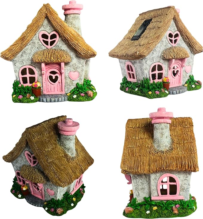 PRETMANNS Fairy House for Outside with Solar Powered LED Lights for Garden - Fairy Garden Houses for Outdoor - Miniature Accessories for Cottage Decor for Village - 7.56” High, Pink