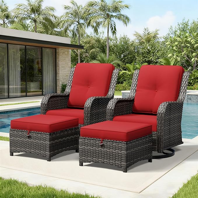 Joyside 4 Piece Wicker Patio Furniture Set, Outdoor Swivel Rocker Patio Chairs with High Back, Deep Seating, Wide Armrest, Thickened Cushions, Outdoor Furniture for Deck, Porch Use