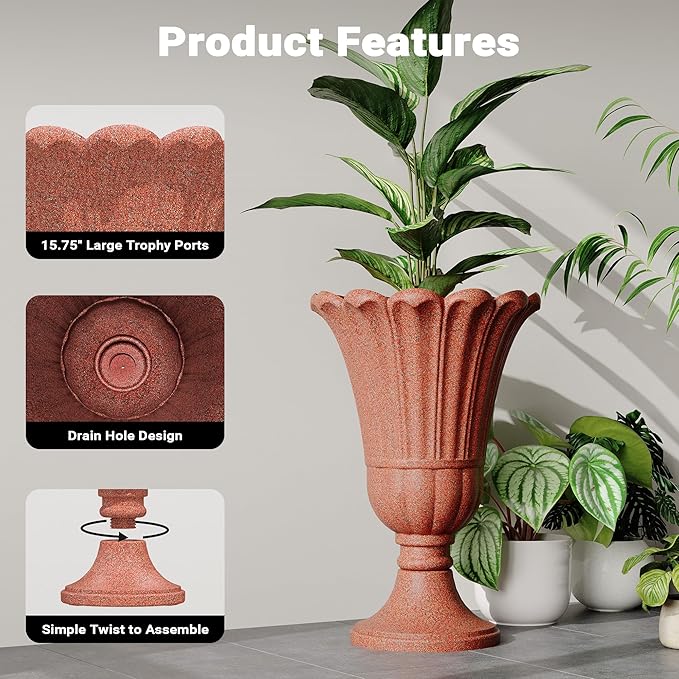 seethmi 23" Tall Planters for Outdoor Plants Set of 2, Planter with Drainage Holes and Petal Design, Large Outdoor Planters for Porch, Garden, Indoor, Red