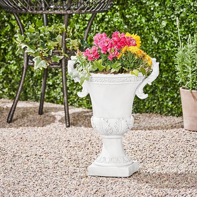 Merax 19.25'' Tall Elegant Roman Style Lightweight Concrete Planter with Botanical Accents, Square Indoor Outdoor Flower Pot with Drainage Hole & Stopper, White