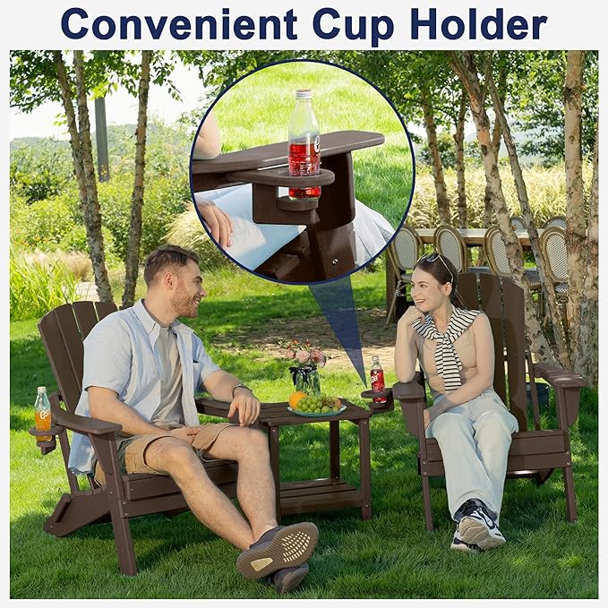 Plawdlik Folding Adirondack Chair Set of 6 with Cup Holder，Wooden Textured ，Heavy All-Weather HDPE Comfortable Set Poolside Backyard Lawn, Coffee