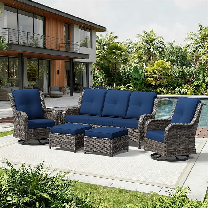 Joyside 6 Piece Wicker Patio Furniture Set, Outdoor Swivel Rocker Patio Chairs with High Back, Deep Seating, Wide Armrest, Thickened Cushions, Outdoor Furniture for Deck, Porch Use