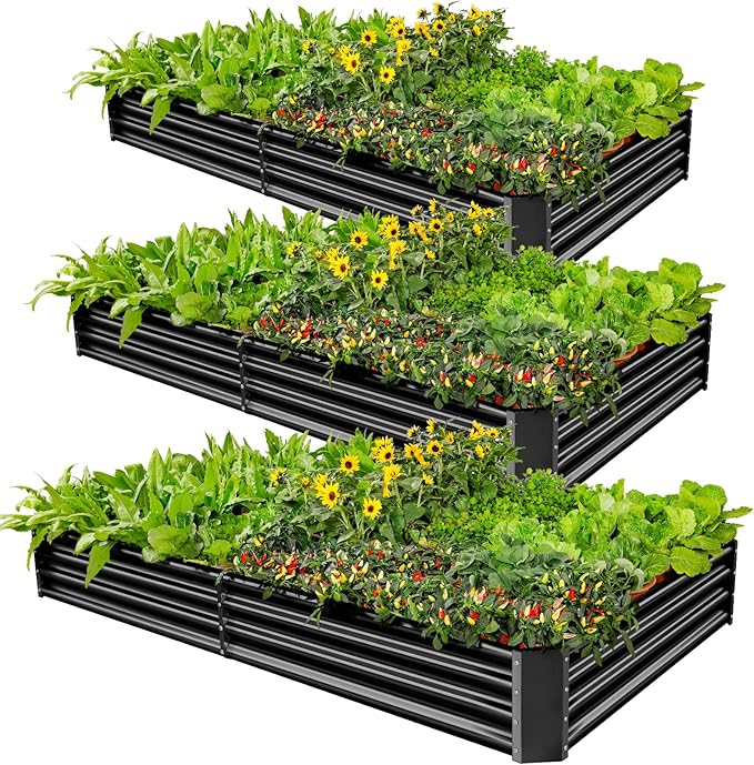 Land Guard 3 Pack 8×4×1ft Galvanized Metal Raised Garden Bed, Metal Planter Kit Box Outdoor for Deep-Rooted Vegetables, Flowers, Green and Herbs, Gray