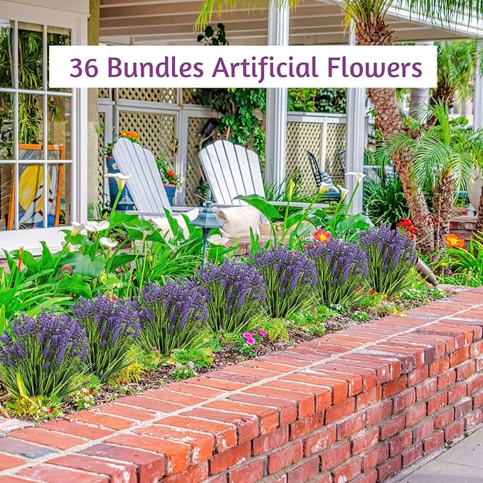 Zeyune 36 Bundles Artificial Plants Outdoor Fake Monkey Grass with Flowers Greenery UV Resistant Faux Outdoor Plants Plastic Flowers for Garden Office Patio Pathway Outside Decor(Purple)