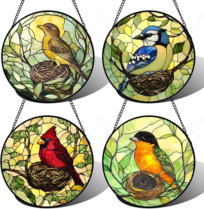 DASTOLL Stained Glass Window Hanging 4 Pcs Set Bird Theme On Branch Large 11.8" - Cardinal Suncatcher Door Garden Sun Catcher Decor Birthday Christmas for Mom Woman Nana Men
