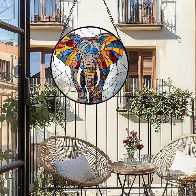 AMDERVEN Stained Glass Window Hanging, Colorful Elephant Sun Catcher for Door Home Decor Animal Suncatcher Christmas Mother's Day Birthday Gifts for Women Men Mom and Nana 7.8 in