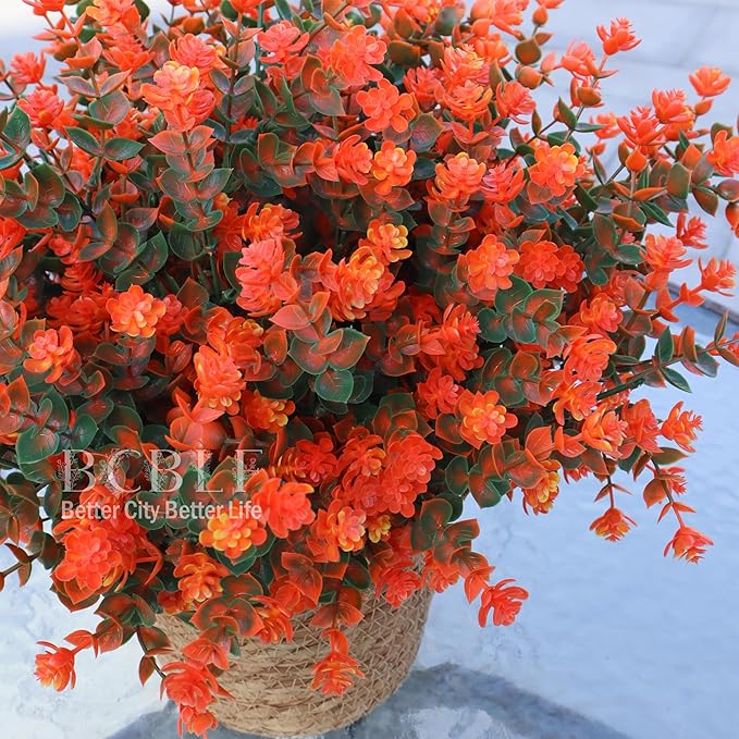 BCBLF Artificial Flowers for Outdoors, 12 Bundles UV Resistant Realistic Faux Plants for Outside Porch Planter, Spring Summer Home Garden Decoration, Green Orange
