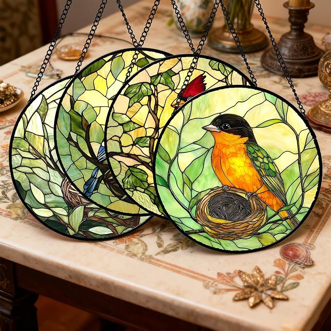 DASTOLL Stained Glass Window Hanging 4 Pcs Set Bird Theme On Branch 6.3" - Cardinal Suncatcher Door Garden Sun Catcher Decor Birthday Christmas for Mom Woman Nana Men