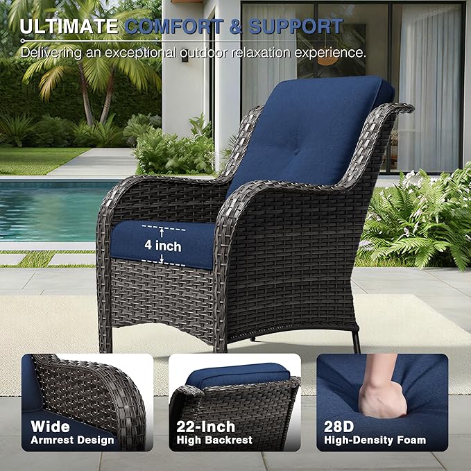 Joyside 6 Piece Wicker Patio Furniture Set with Fire Pit Table, Rattan Patio Chairs with High Back, Deep Seating, Wide Armrest, Thickened Cushions, Outdoor Furniture for Deck, Porch Use