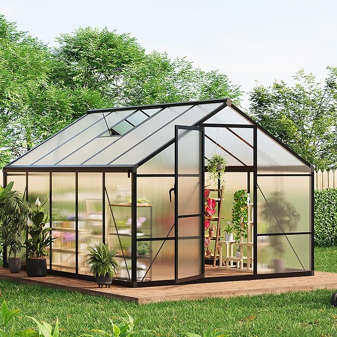 8X10 FT Outdoor Polycarbonate Greenhouse, Sturdy Aluminum Frame, Adjustable Roof Vent, Ideal for Backyard, Patio, or Garden, All-Weather Green House for Growing Plants and Vegetables