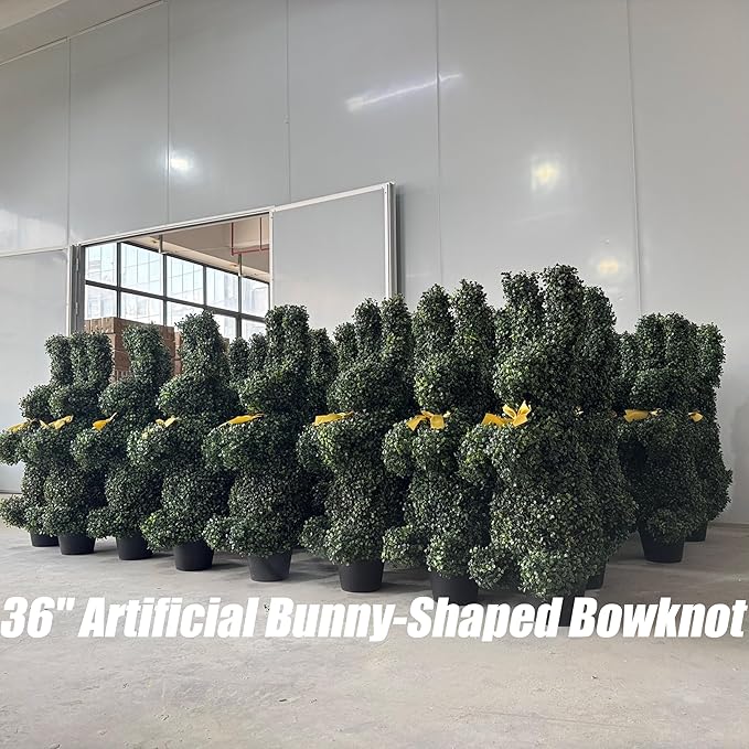 BLONYUVC Bunny-Shaped Topiary Ball 36'' Artificial Tree Rabbit Bowknot Pot UV-Resistant Faux Boxwood Topiaries Plant for Porch Decor Outdoor/Indoor 2 Pack