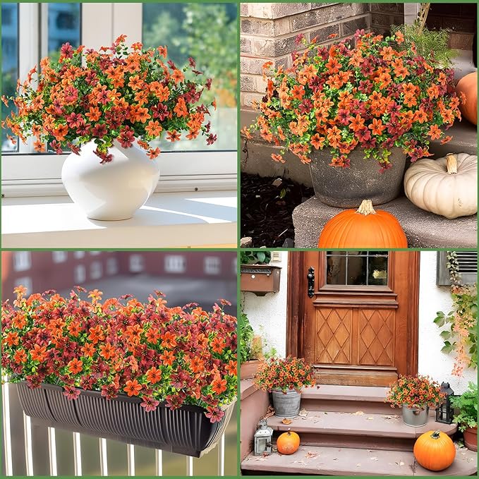 Homsunny Artificial Flowers for Outdoors Fake Plants Spring Home Decoration, 12 Bundles Realistic Faux Flower Daisy with Eucalyptus Stem UV Resistant for Patio Planter Porch Yard(Orange Brown)