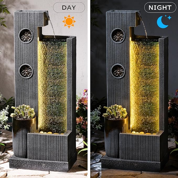 37’’ Tall Waterfall Fountain Indoor Modern Outdoor Water Fountains with LED Light,Vertical Striped Texture Floor Standing Water Feature for Patio, Yard, Garden or Home Decor
