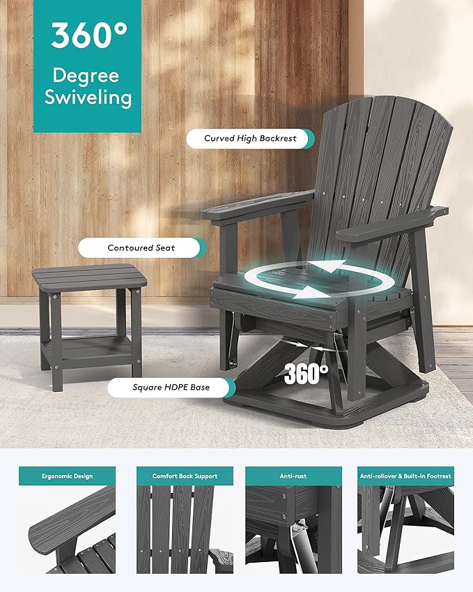 SERWALL Adirondack Swivel Glider Chair, HDPE Glider Set of 4 for Outdoor, All-Weather Glider Chair for Porch, Balcony, Slate Grey