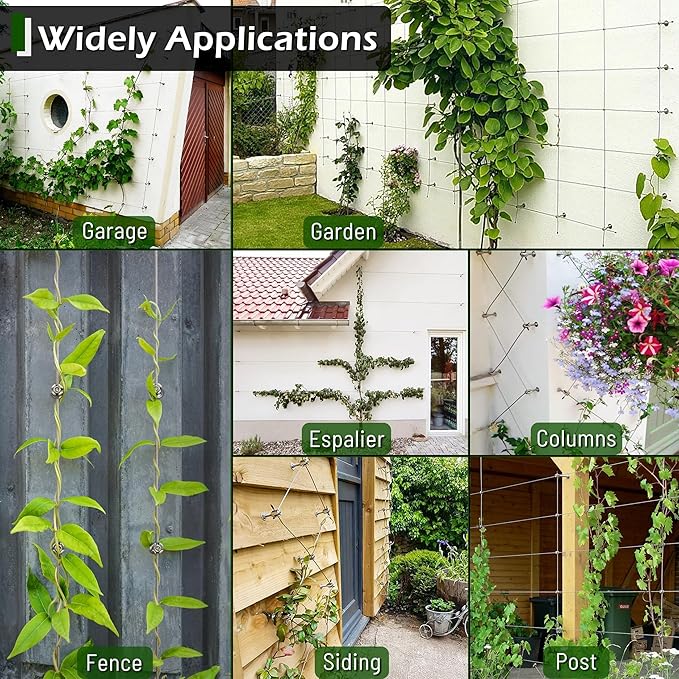 Acemaker Wire Trellis for Climbing Plants Outdoor, 12-Set Wall Wire Trellis Kit with 5/64"(2mm) x 53ft Stainless Steel Cable, T316 Espalier System for Fence and Garden DIY Projects