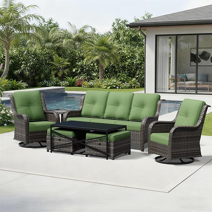 Joyside 7 Piece Wicker Patio Furniture Set, Outdoor Swivel Rocker Patio Chairs with High Back, Deep Seating, Wide Armrest, Thickened Cushions, Outdoor Furniture for Deck, Porch Use
