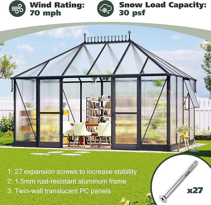 14x9.7x10 FT Polycarbonate Greenhouses for Outdoors, Large Huge Greenhouse Sunroom with 2 Adjustable Windows &Sliding Door, Walk-in Design with Aluminum Frame for Patio, Garden