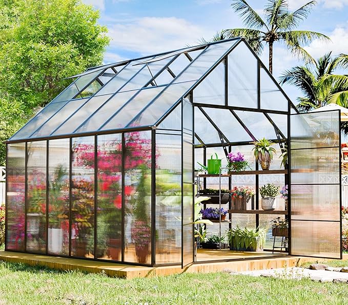 12x10 FT Polycarbonate Greenhouse for Outdoor, Heavy Duty Aluminum Frame Transparent Panels Plants Green House Kit with Windows Vents Door for Backyard Garden, Large Outsides Walk in Greenhouses