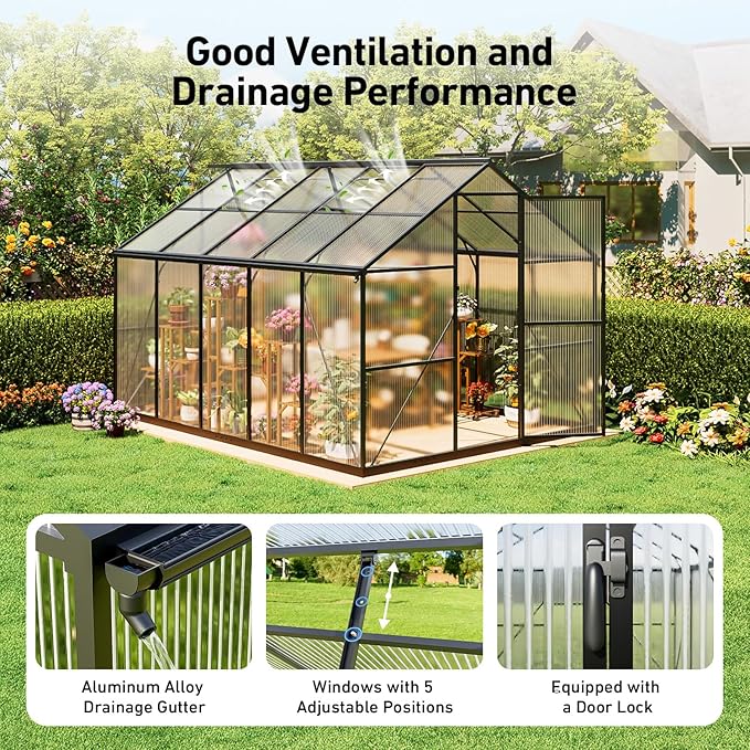 8x10FT Greenhouses for Outdoors, Polycarbonate Green House with UV Protection, Heavy Duty Greenhouse with Windproof Aluminum Frame, Roof Vent & Hygrometer for Backyard or Garden Use
