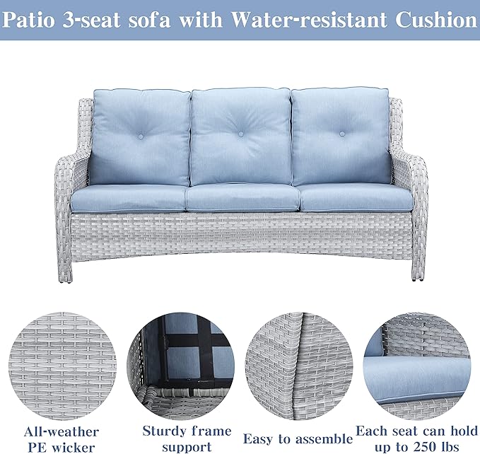 Belord Outdoor Furniture Wicker Conversation Sets - 7 Piece Patio Rattan Furniture Sets with Swivel Rocker Chairs Outdoor Sofa for Porch Deck Backyard Light Grey/Baby Blue