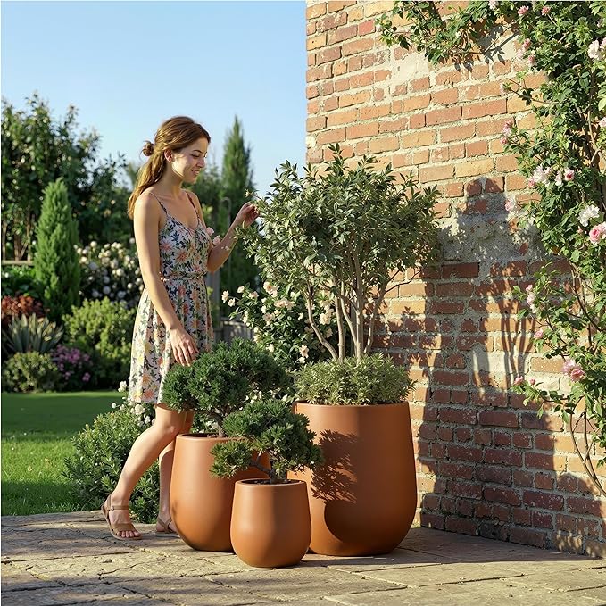 DTY Signature Mount Wilson 15''D x 16.5''H Modern Indoor Outdoor Fiberstone Tapered Planter, Lightweight, Weather Resistant Garden Pot with Drainage Hole & Rubber Plug –Terracotta, Medium